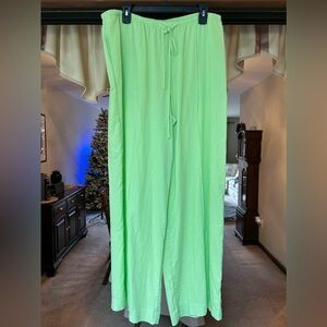 Lime Green Linen Wide Leg Pants - L